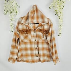 Maurices XL Plaid Hooded Shacket Cotton Button Up Jacket Cozy Boho Fall Corduroy